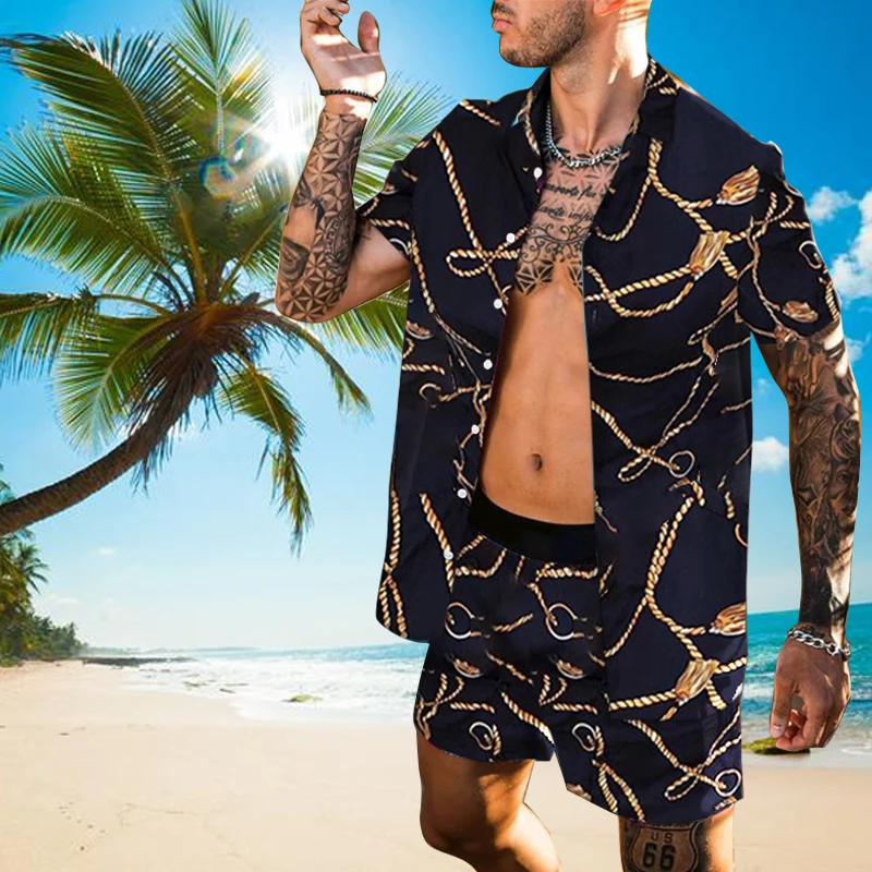 

Men Hawaiian Vacation Printed Sets Nice Summer Lapel Short Sleeve Button Shirt Beach Shorts Streetwear Casual Mens Suit 2 Pieces