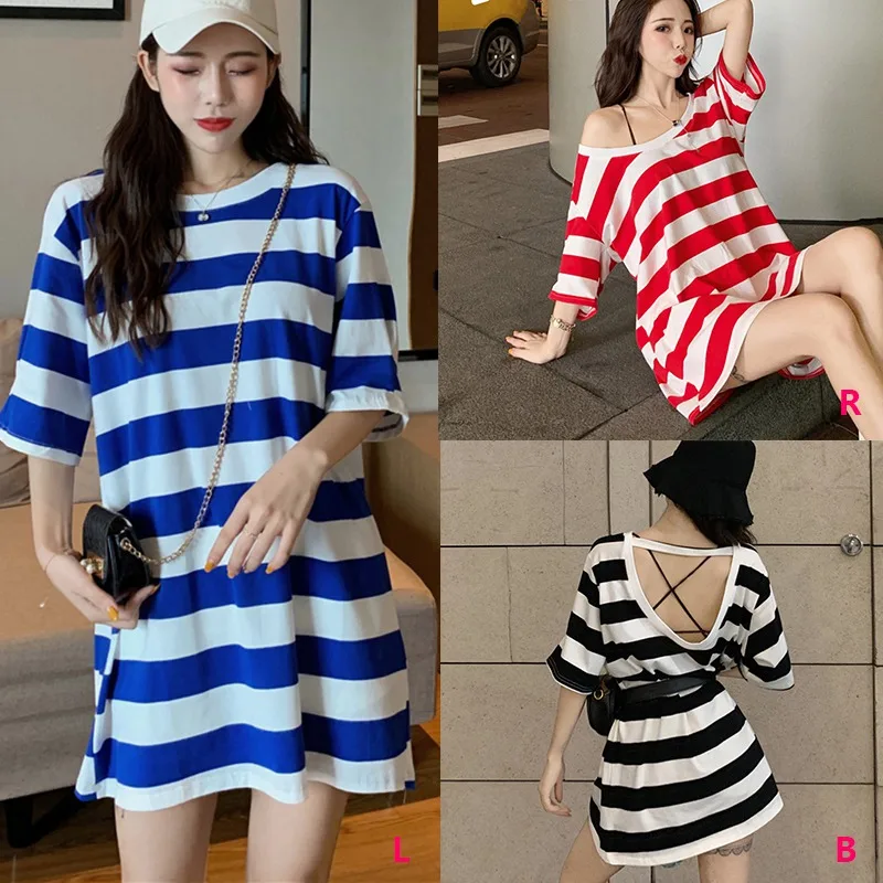 2019 летнее платье женское модное свободное пляжное в полоску с коротким рукавом и