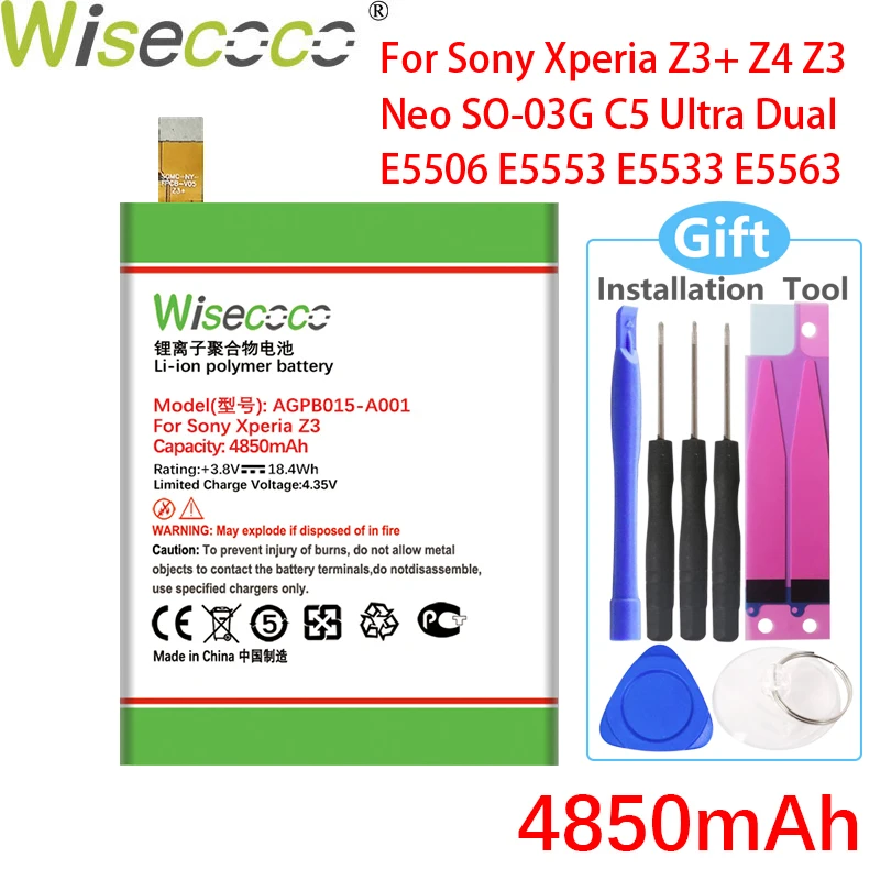 

WISECOCO 4850mAh AGPB015-A001 Battery For Sony Xperia Z3+ Z4 Z3 Neo SO-03G C5 Ultra Dual E5506 E5553 E5533 E5563 Z3 Plus E6553