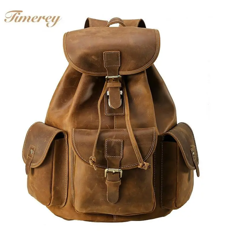 

Timerey Vintage Cowhide Unisex Bags Top Quality Leather Men Backpacks String Cover Closure Travel Back Pack Bag Bookbag