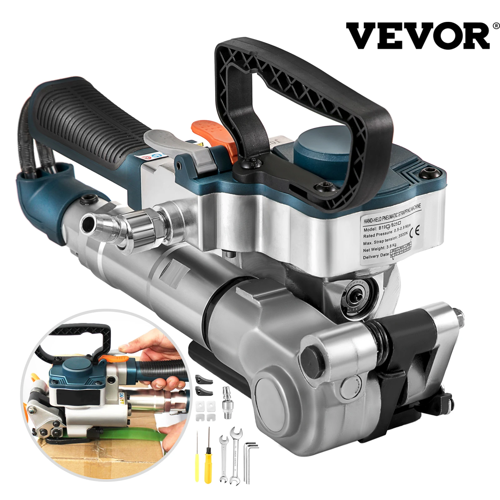 

Ручная пневматическая обвязочная машина VEVOR B19 3500N, максимальное натяжение, ручная упаковочная машина, инструменты для упаковки лент из ПП и ...