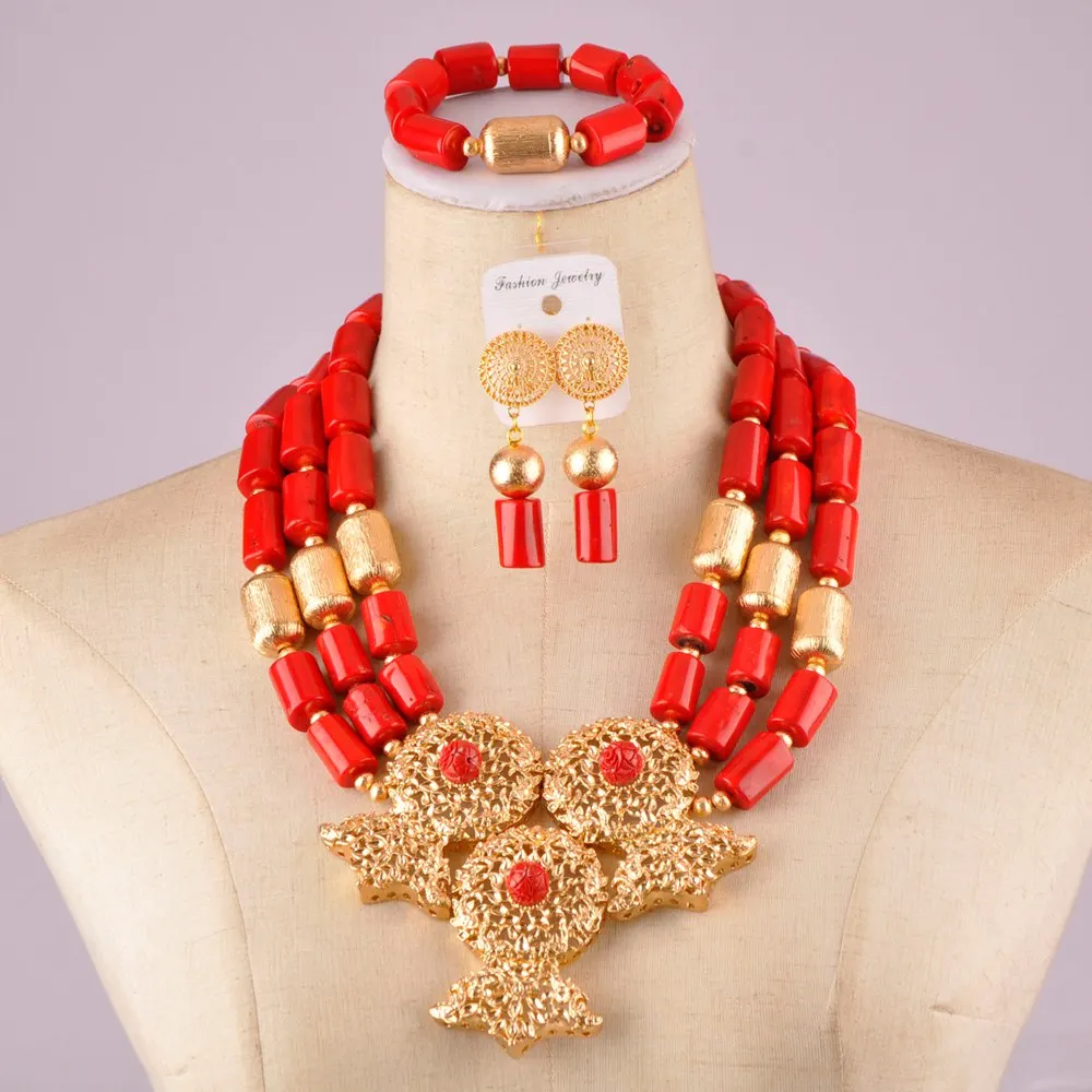 

Модный нигерийский Свадебный коралловый комплект, ожерелье, красные африканские коралловые бусины, комплект ювелирных изделий C21-24-05