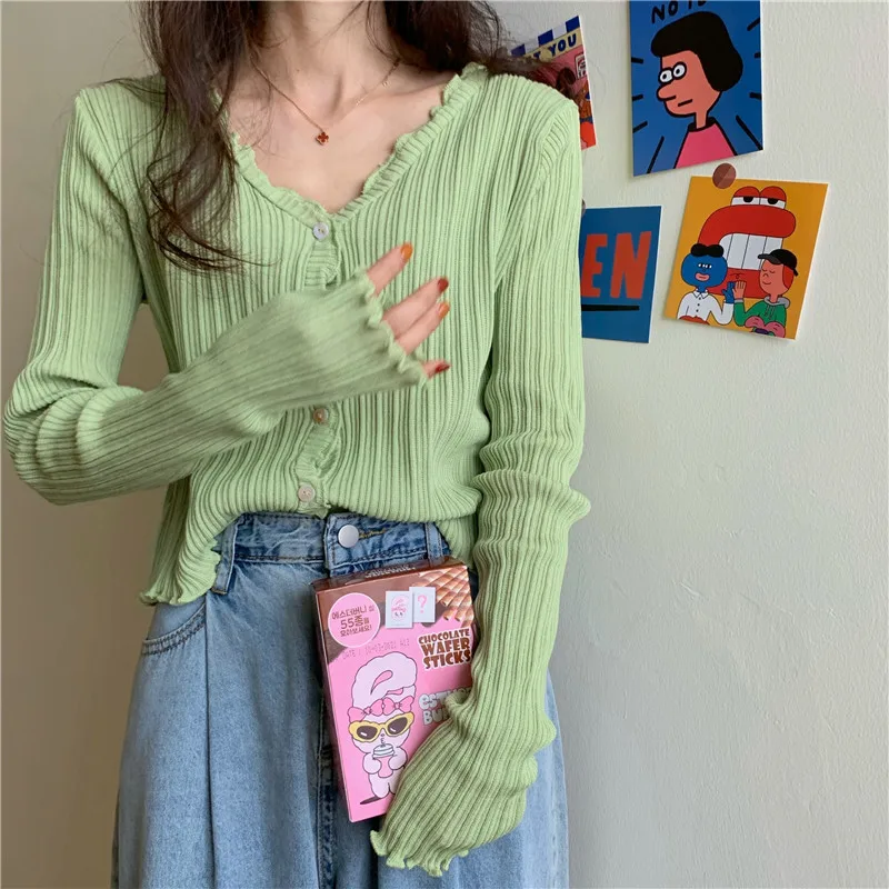 

Autumn Green Cropped Cardigans V-Neck Ruffle Single Breasted Sweaters Long Sleeve Sweater Knitted Women Coat Elasticity Sweater