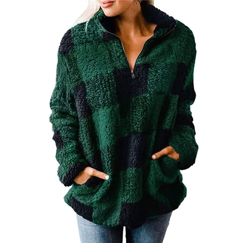

Women Winter Warm Pullover Top Long Sleeve Fleece thick Sweatshirt Elegant Plaid hoodie Fashion Streetwear