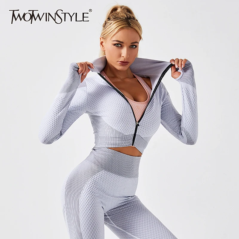 

TWOTWISNTYLE Hit Color Super Breathable Fitness Sets Long Sleeve Coat With High Waist Pants For Female Quick-drying Set Tide