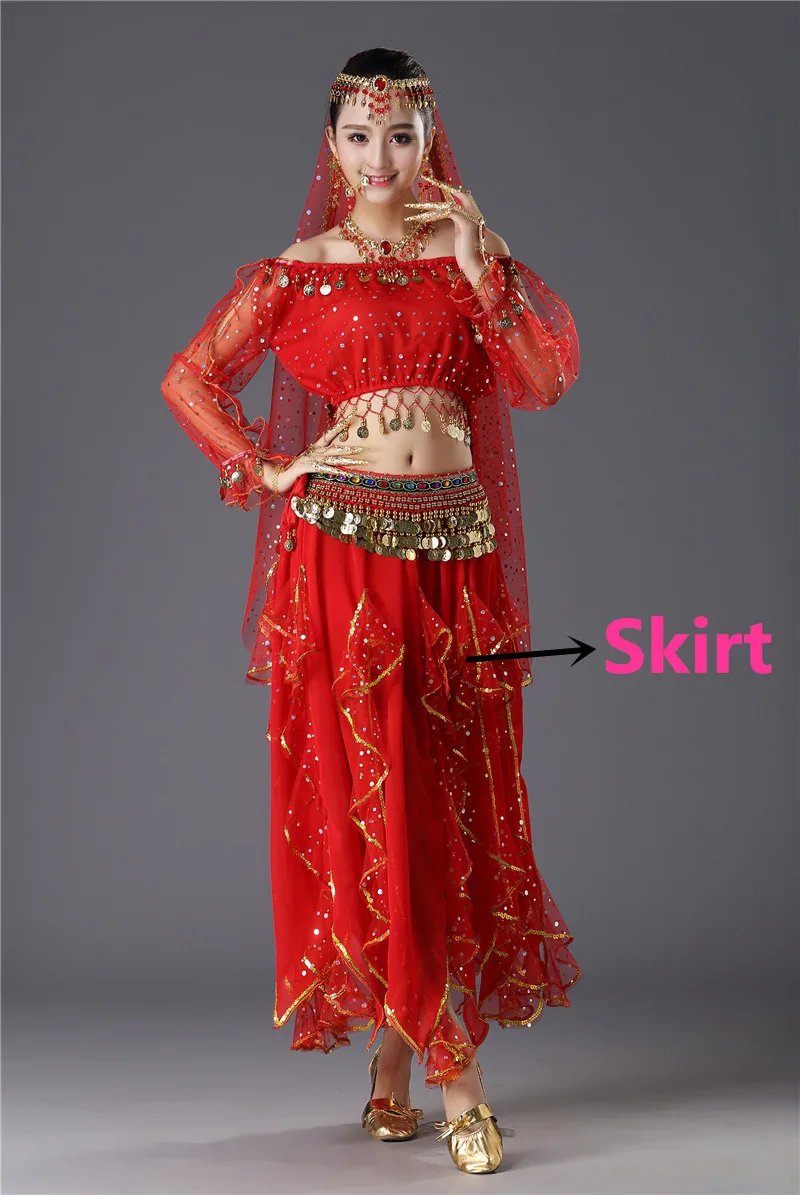 Red Skirt 1pc Костюмы для танца живота, Египетский сценический танец, индийский танец живота, Женский Болливуд, длинные рукава, Одежда для танцев для девочек - Цвет: Red Skirt 1pc
