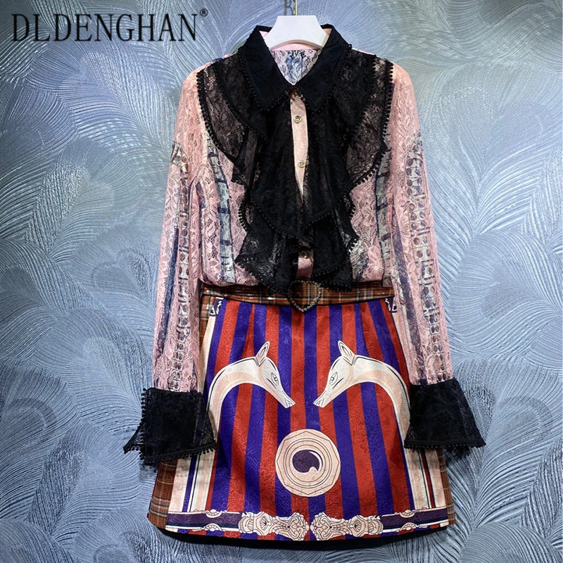 

DLDENGHAN Runway Designer Autumn Suit Women Long Sleeve Pink Lace Ruffles Blouse + Stripes Jacquard Flowers Skirt Two-Piece Set
