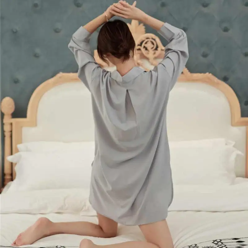 

Gray Nightshirt Female Loose Nightgown Bathrobe Lapel Satin Sleepwear Nightdress Soft Rayon Sleep Dress Nightwear With Buttons