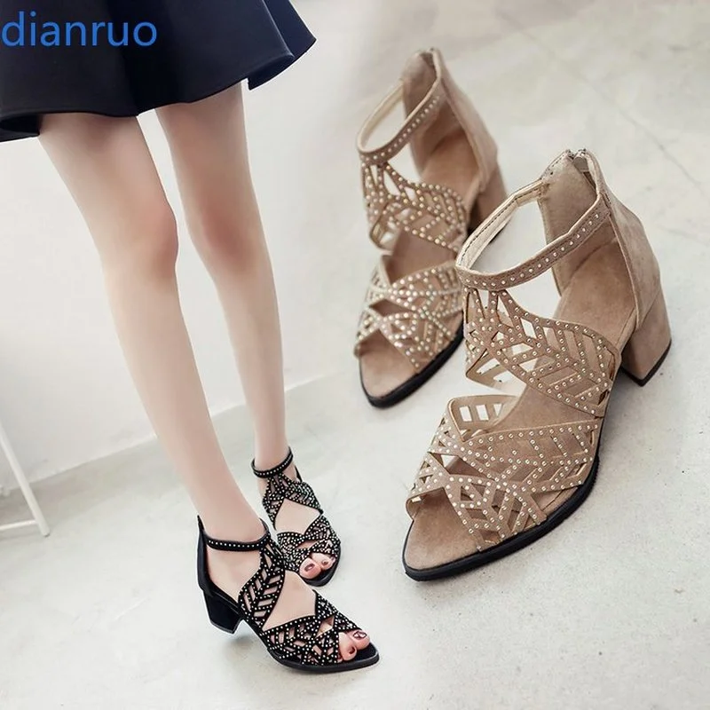 

Back zipper high-top sandals women's shoes 2021 summer fashion hollow fashion sandals medium thick heel fish mouth shoes