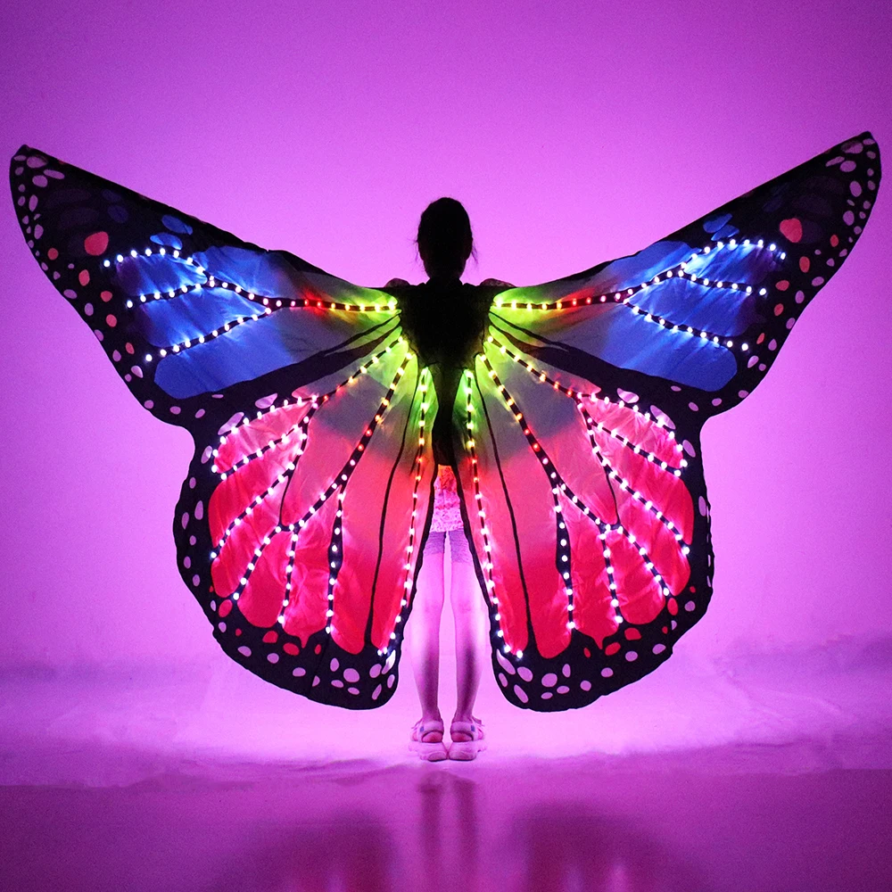 

Full Color Women Belly Dance LED Wings Halloween Stage Girl LED Light Butterfly Costume Rainbow Color Dance Glowing Cloak Props
