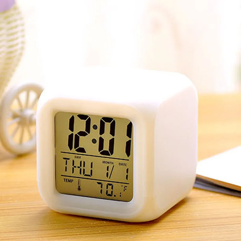 Home Desk Cube Alarm Clock LED Digital 7 Color Changing Light Night Glowing Kids Children Gift | Дом и сад