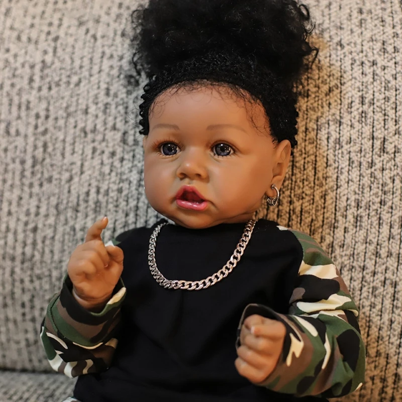 

Black Dark Skin African Baby Doll 58cm 23inch Reborn Baby Dolls Full Silicone Body ealistic Handmade Newborn Reborn Babies Girls