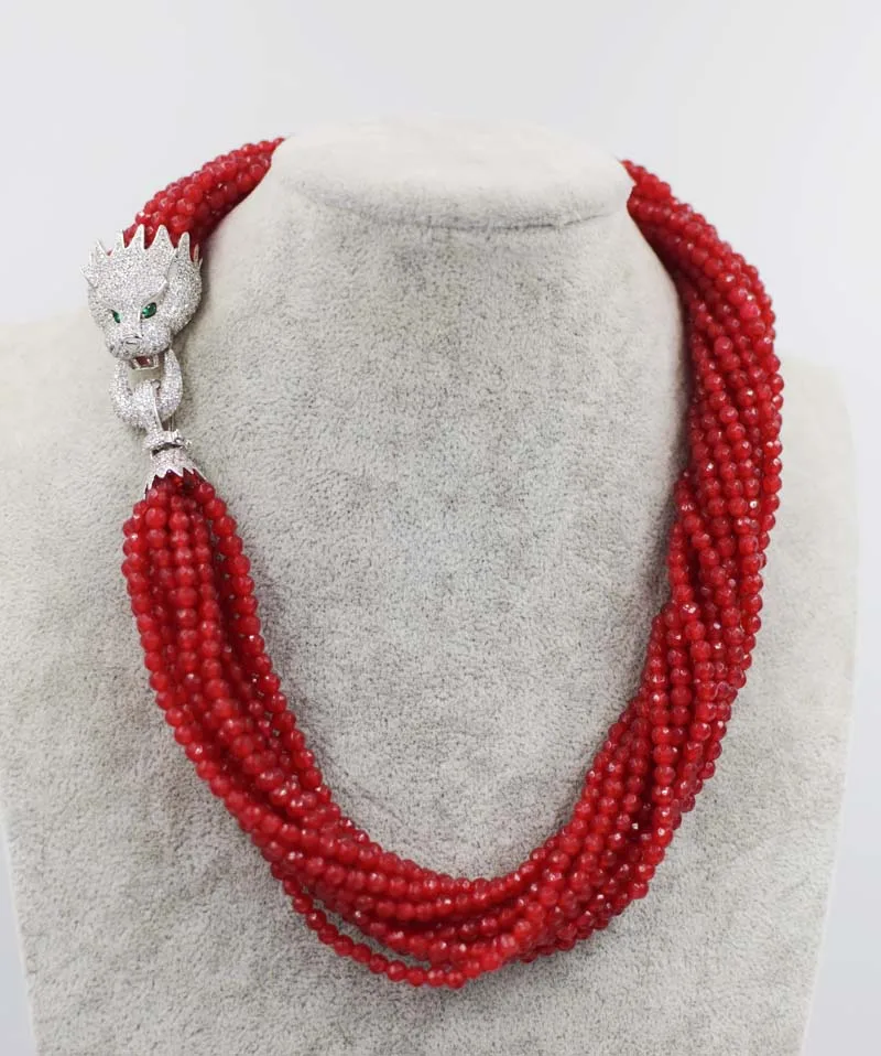 10rows red jade round faceted 4mm  necklace leopard clasp 19inch