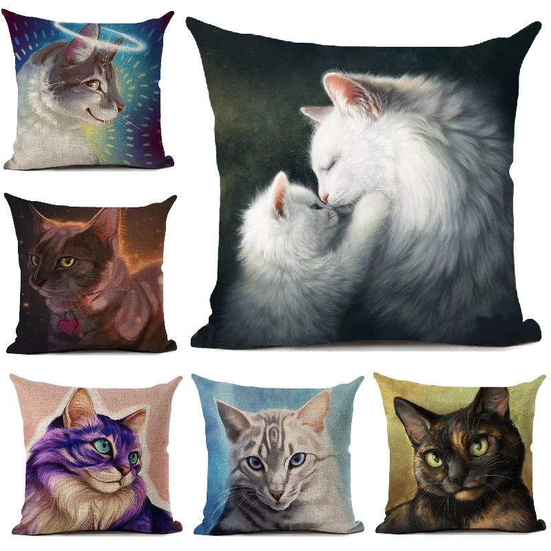 

Cat Cushion Cover Cute Kitten Printed Linen Pillow Cover Car Sofa Decor Throw Pillow Living Room Home Decoration Pillowcase