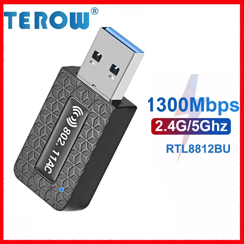 

TEROW AC1300 Dual Band USB WiFi Adapter 1300Mbps Wireless Mini Ethernet Network 802.11AC 2.4/5GHz USB3.0 for Laptop/Desktop