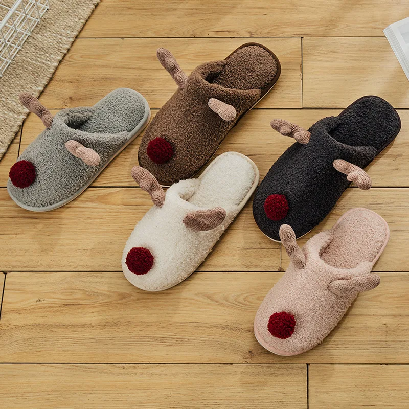 

Christmas elk home lovely Plush winter couple indoor warm antiskid household male slippers cartoon cotton shoes female