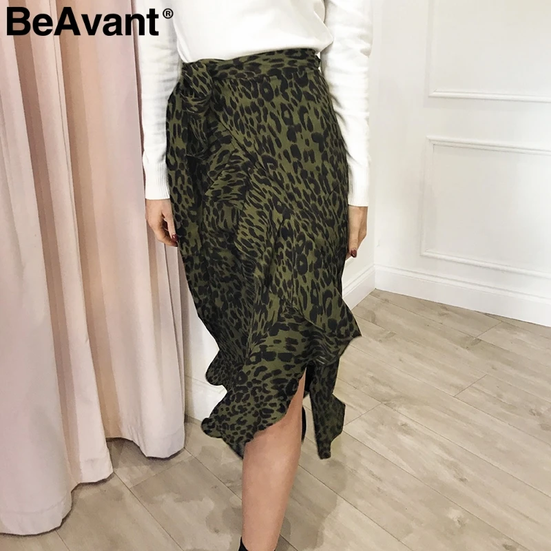 BeAvant Elegant leopard print women maxi skirt High waist ruffled asymmetrical female long skirt Side bow tie autumn lady skirts