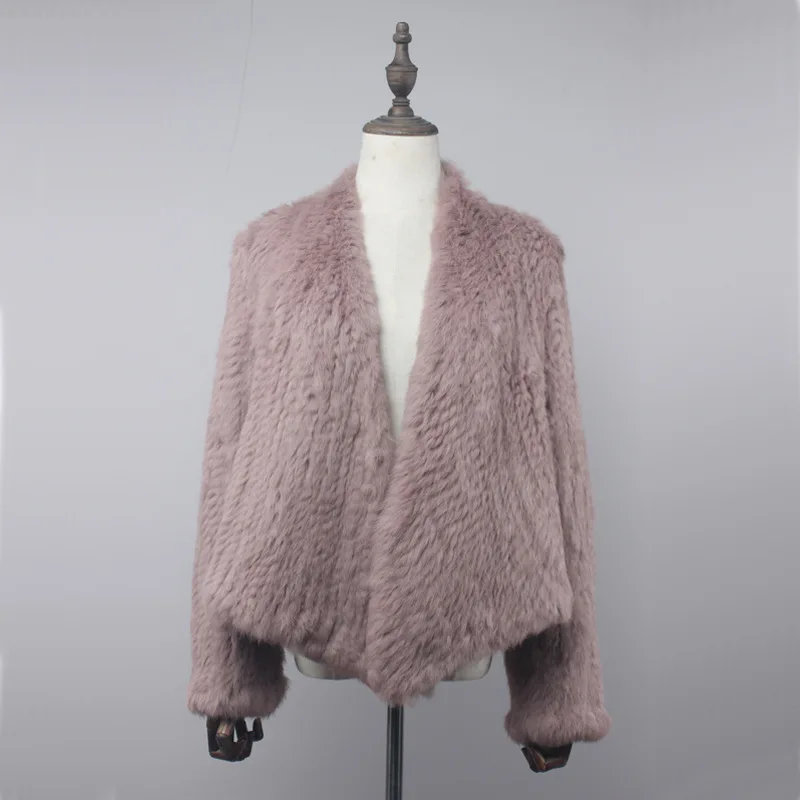 Real Rabbit Fur Knit Cardigan Coat Jacket Natural Handmade Irregular Collar Overcoat Rabbit Fur Knitted Outerwear Vest