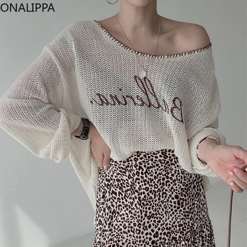 

ONALIPPA Knit Letter Print Sweater Ladies 2021 Autumn Korean All-Match Loose Thin Hollow Micro-Transparent Long-Sleeved Pullover