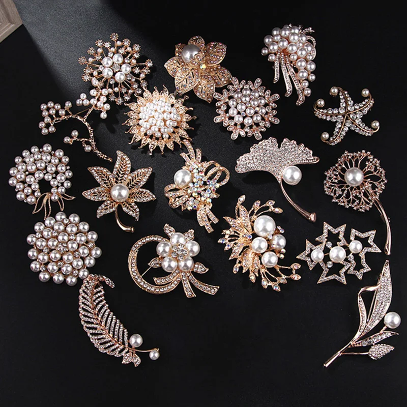 

Fashion Jewelry High Quality Vintage Gold Color Brooch Pins Crystals Rhinestone Imitation Pearl Flower Brooch Wedding Accessory