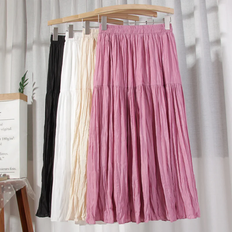 

Folds Skirts Summer Faldas Largas 2021 New Women High Waist Slim A-Line Skirt Solid Patchwork Pleated Skirt Jupe Longue Femme