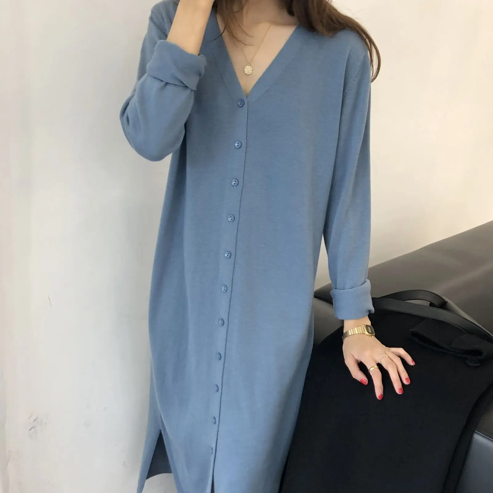 Однобортное плотное корейское платье-свитер новинка 2021 женские вязаные теплые