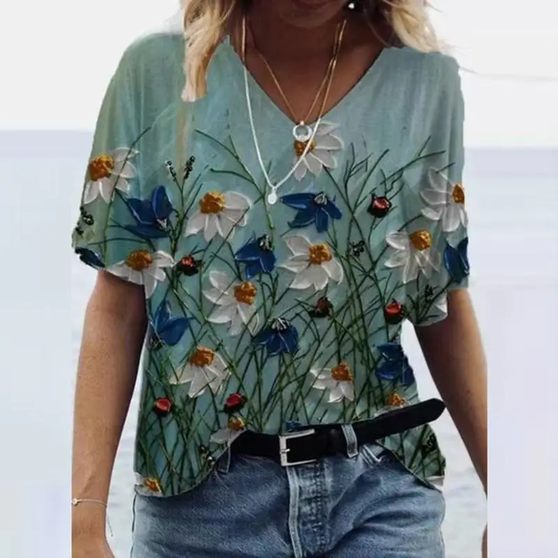 

Summer Shirts Women V-Neck Print Tops Short Sleeves Casual Ladies Clothing Vintage Soft Comfortable Loose Women's T-Shirts