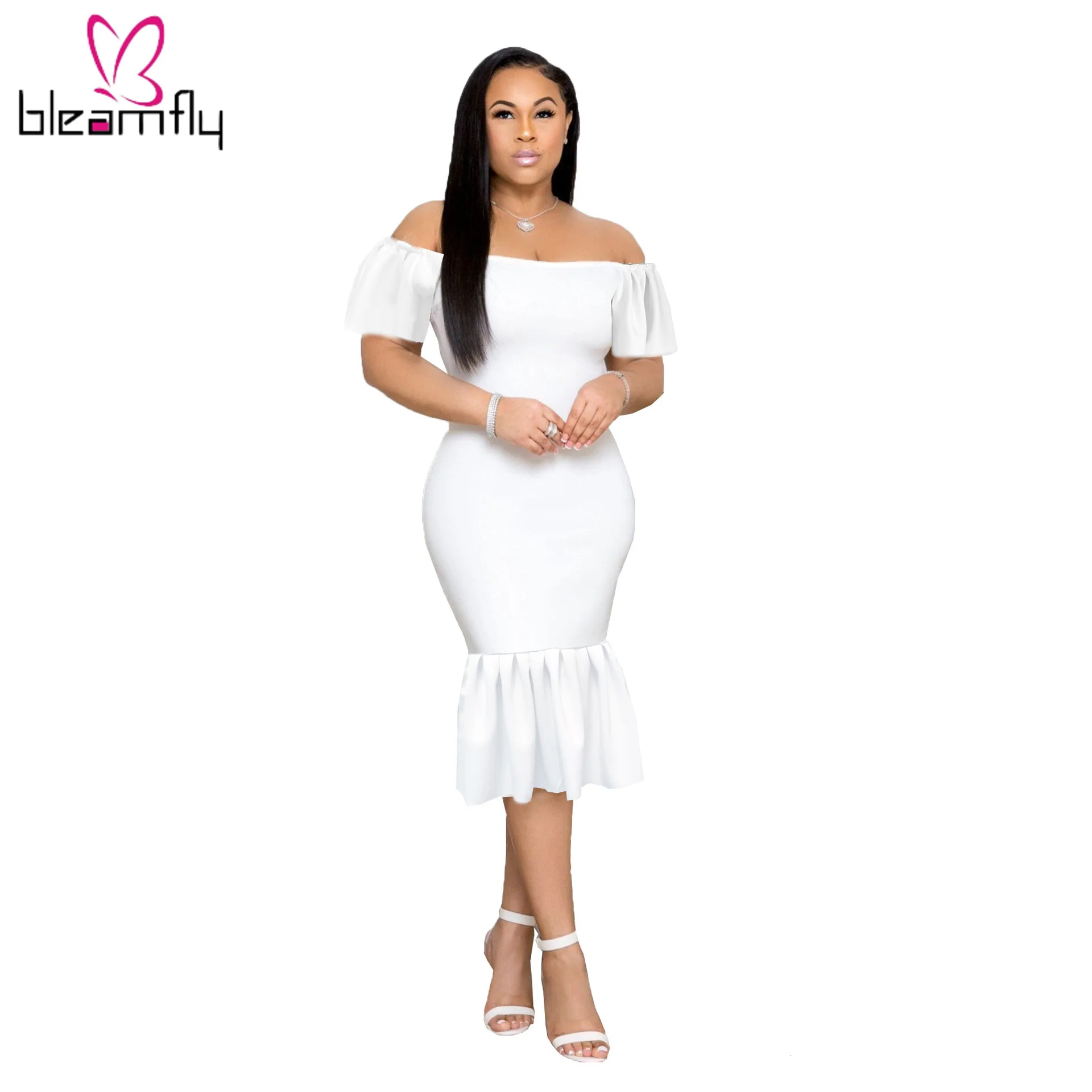 Новинка 2019 женское летнее платье с открытыми плечами и вырезом лодочкой оборками