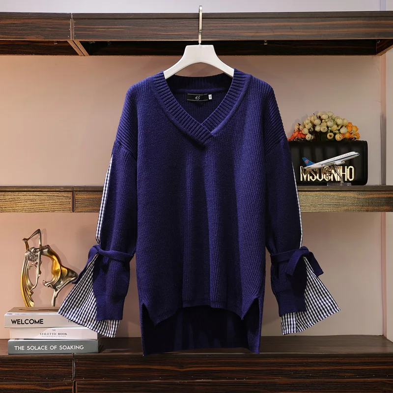 Женская одежда большого размера модный тонкий вязаный свитер с v образным