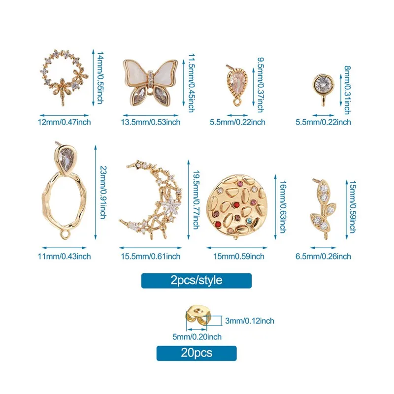 16pcs Brass Crystal Cubic Zirconia Stud Earring Findings Charms Earring for Woman Girls Earring Gift Exquisite Daily Wearable