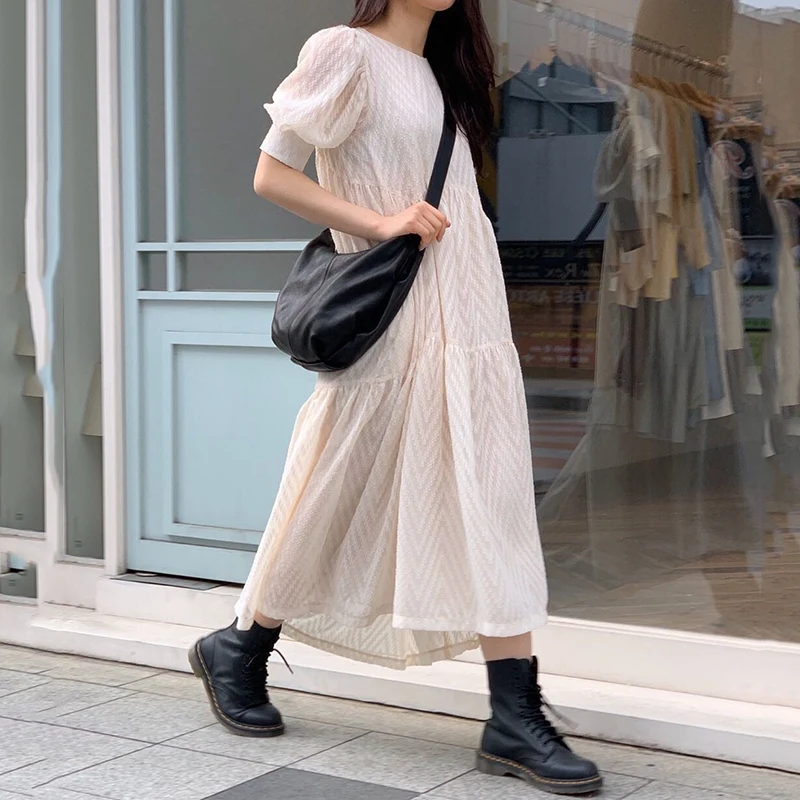 

Korean Style Elegant Long Dress Women New 2021 Summer Fashion Ladies Round Neck Short Sleeve Clothing