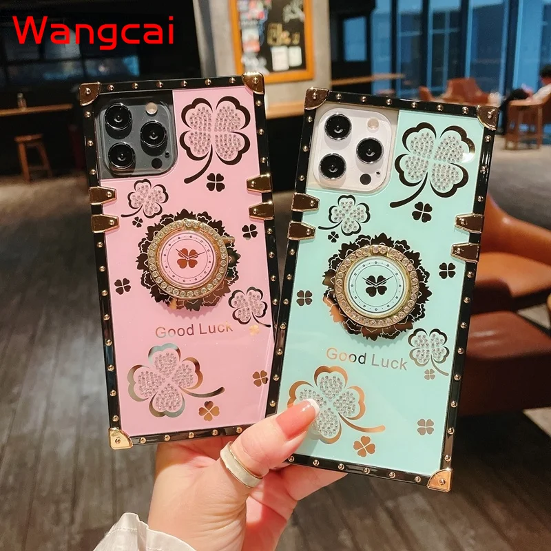 

Роскошный чехол со стразами для iPhone 13 12 11 Pro Max mini XS XR X 8 7 6 6S Plus SE 2020, квадратный четырехлистный клевер, чехол для телефона с держателем