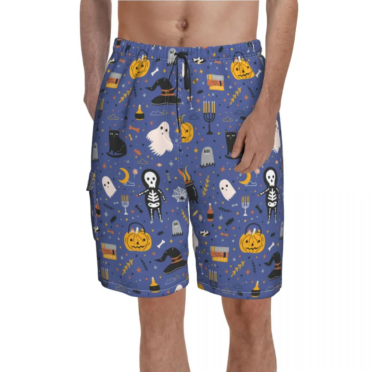 

Шорты для плавания Хэллоуин со скелетом-тыквой, мужские плавки из полиэстера для плавания с забавным рисунком