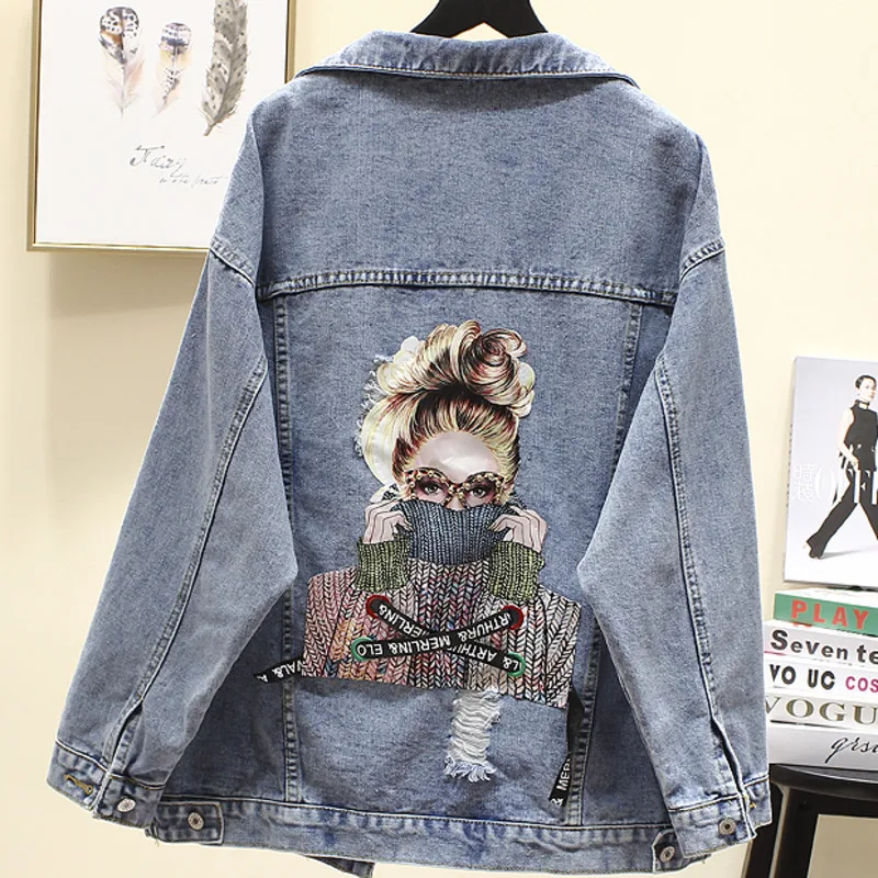 Джинсовая куртка женская с красивым принтом джинсовое пальто потертостями и