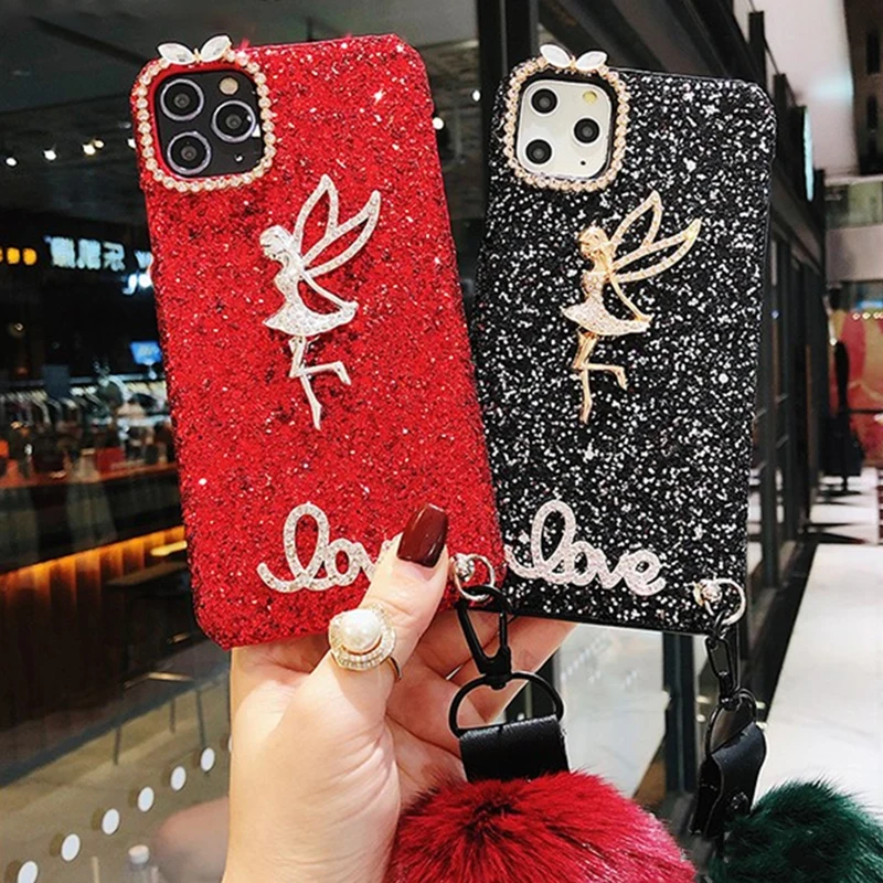 

Luxury Glitter Bling Rhinestone Diamond Sequins Hairball Phone Case for Iphone 11 12 Pro X XS MAX XR 6S 7 8 PLUS SE 2020 Cover