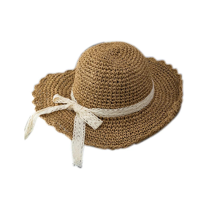 Летняя вязанная Шнуровка с бантиком большими полями соломенная шляпа от солнца