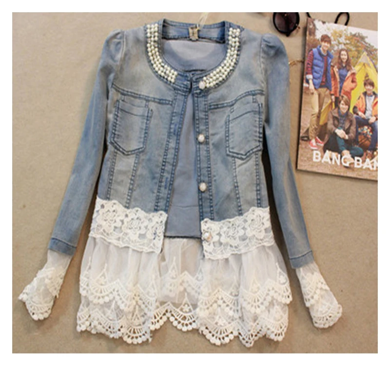 

Джинсовая куртка с бисером, облегающая короткая куртка с прострочкой, женское однобортное пальто со сращенными кружевами, женское лоскутно...