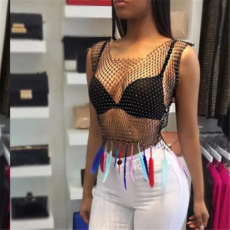 Стразы Топ сетчатый Женский Футболка сексуальный короткий топ летняя майка Camiseta