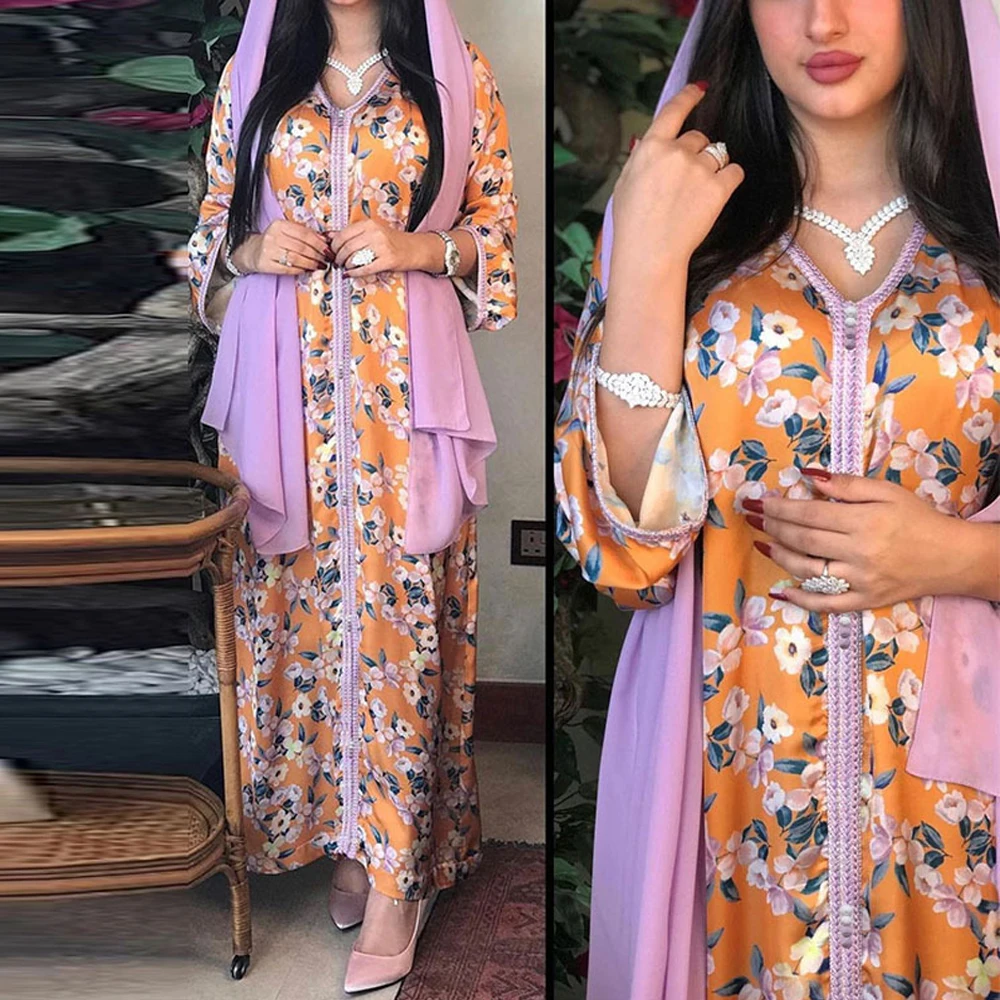 

Moroccan Kaftan Dubai Muslim Abaya Long Sleeve Dress Elegant Evening Gowns 2021 African Dashiki Print Robe Plus Size Boubou
