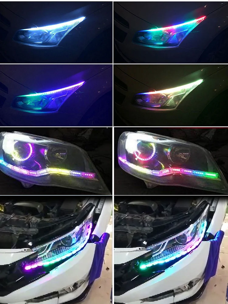 2pcs New RGB LED DRL Daytime Running Lights Sequential Flow Style Turn Signal Waterproof Knight Rider Strip Light with control