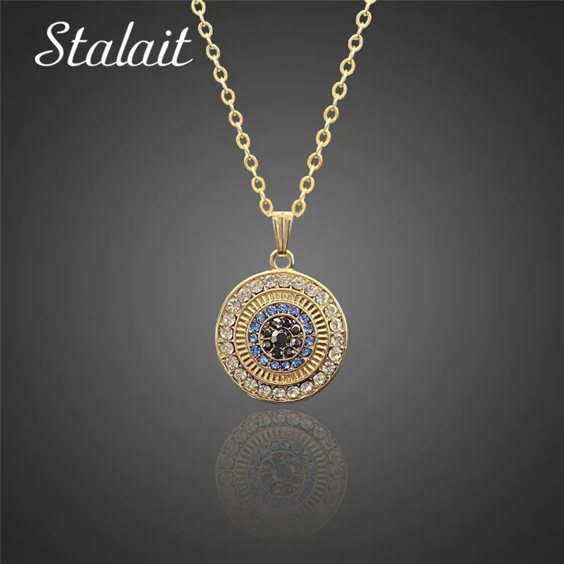 Round Evil Eye Pendant Necklace For Women Gold Chain Full Rhinestone Charm Blue Demonias Eye Necklaces New Free Shipping Items