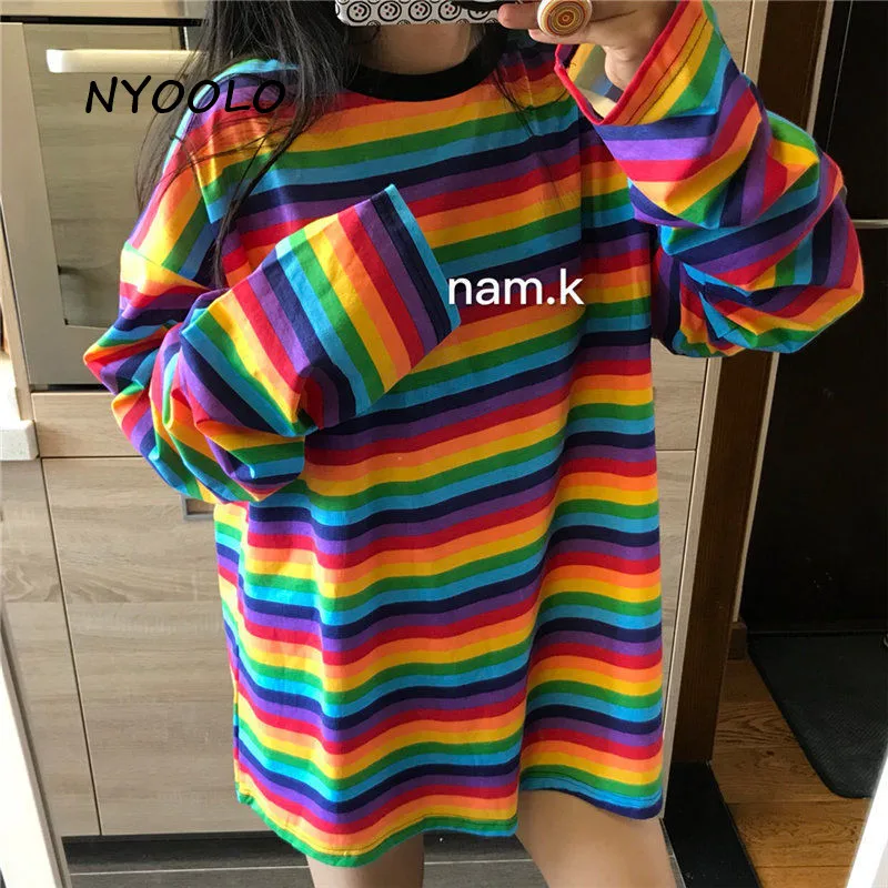 

NYOOLO Casual Streetwear Classic Rainbow Striped Long Sleeve O-Neck Pullovers T-Shirt Women Clothing Autumn Sweet Girls Tops Tee