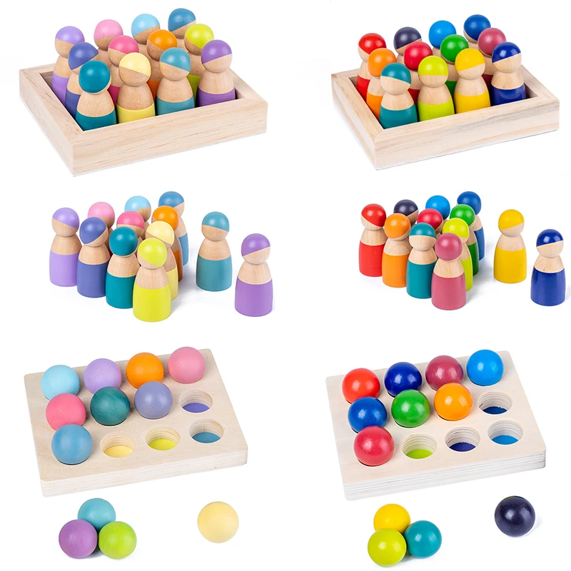 

New Wooden Rainbow Block Wood Stacking Toys Grimms Rainbow Building Blocks Balls Montessori Eductaional Toy Kids Rainbow Stacker