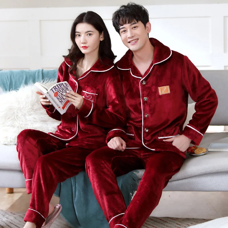 Flannel Pajamas Women Long Sleeved Coral Velvet Autumn Winter Lovers Plush Thickened Men's Home Clothes Suit Straight Hair