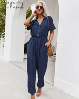 womens solidcolor sexy v neck single breasted jumpsuit officeladies fashion collar feet pants loose high waist pleated jumpsuit