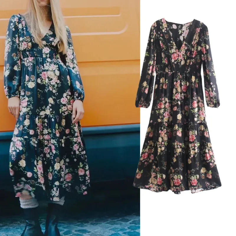 

Xypskh Za Women New Fashion Print Ruffled Mini Dress Vintage V-neck Long Sleeve Elastic Waist Female Dresses Vestidos Mujer