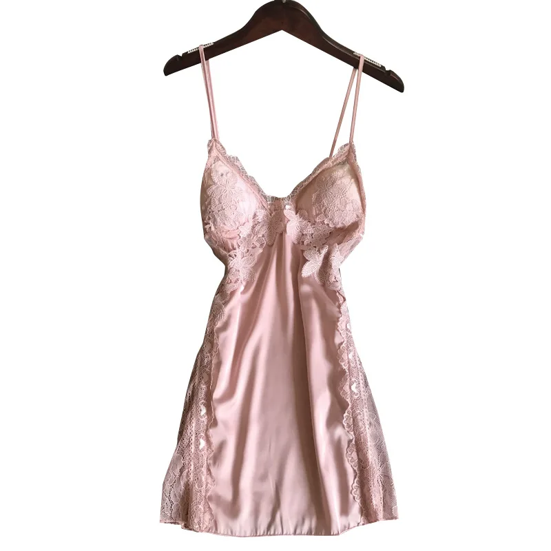

Summer Satin Nightdress Sexy Lace Nightgown Hollow Out Spaghetti Strap Female Silky Sleepwear Casual Sleep Dress Home Clothes