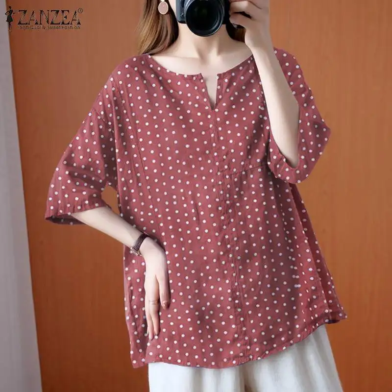 

2021 Autumn Vintage Blouse Women Casual Oversized Chemise Female Half Sleeve Blusa Lady O Neck Shirt ZANZEA Fashion Printed Tops
