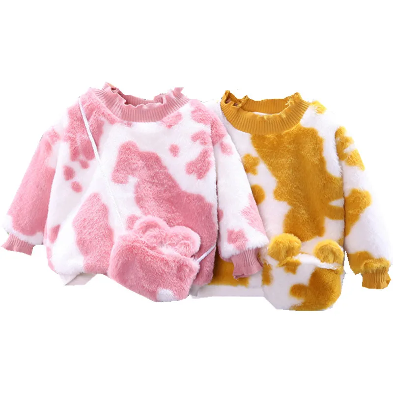 

Бархатная Толстовка для маленьких девочек, осенне-зимние теплые флисовые топы, пуловер + сумка, одежда для маленьких девочек, утепленный дет...