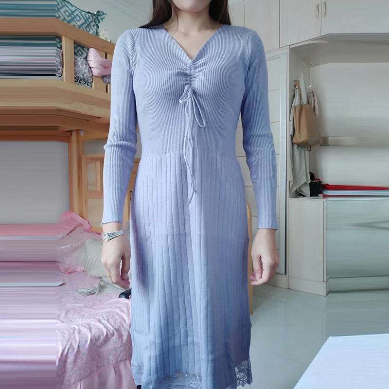 

Spliced Lace Hem Pleated Knitted Dress Women Plus Size 4XL Casual Long Sleeve Drawstring Sweater Dress Elegant V-Neck Midi Dress